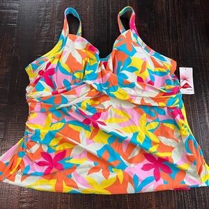 Lands End Multi Bold Floral Tankini Top 24W Underwire Bra Adj Straps UPF50